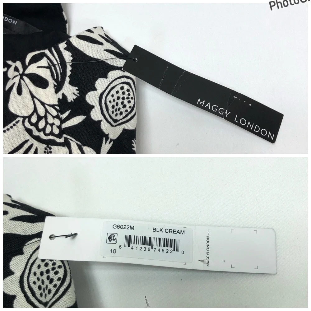 Maggy London Linen Blend Black Cream Floral Halter Pockets Lined Midi Dress 10 - Picture 11 of 16